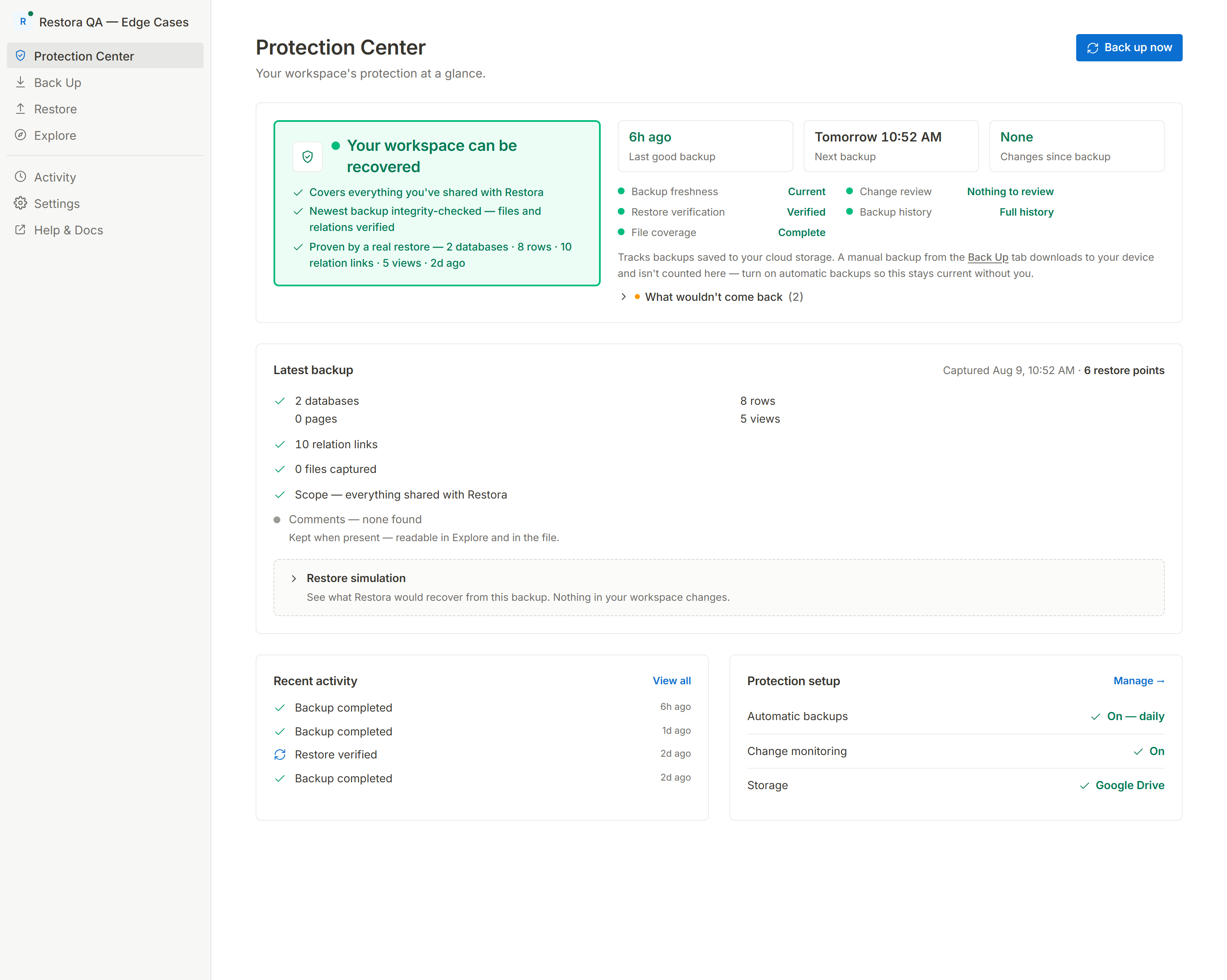 Restora's Protection Center: a green verdict reading “Your workspace can be recovered”, proven by a real restore of 2 databases, 8 rows, 10 relation links and 5 views, beside the latest backup's contents.